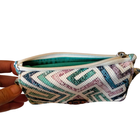 Suepatchwork aqua geometric trifold wallet with zipper pocket and soft cotton lining held in hand