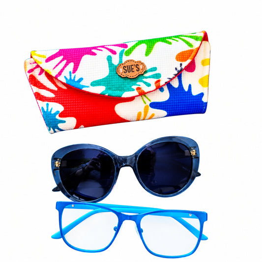 Suepatchwork handmade double glasses case featuring a colorful paint splash pattern with two pairs of glasses