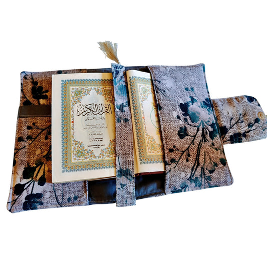 Suepatchwork handmade fabric Quran cover with floral pattern, 20x14cm, featuring a protective flap and tassel bookmark