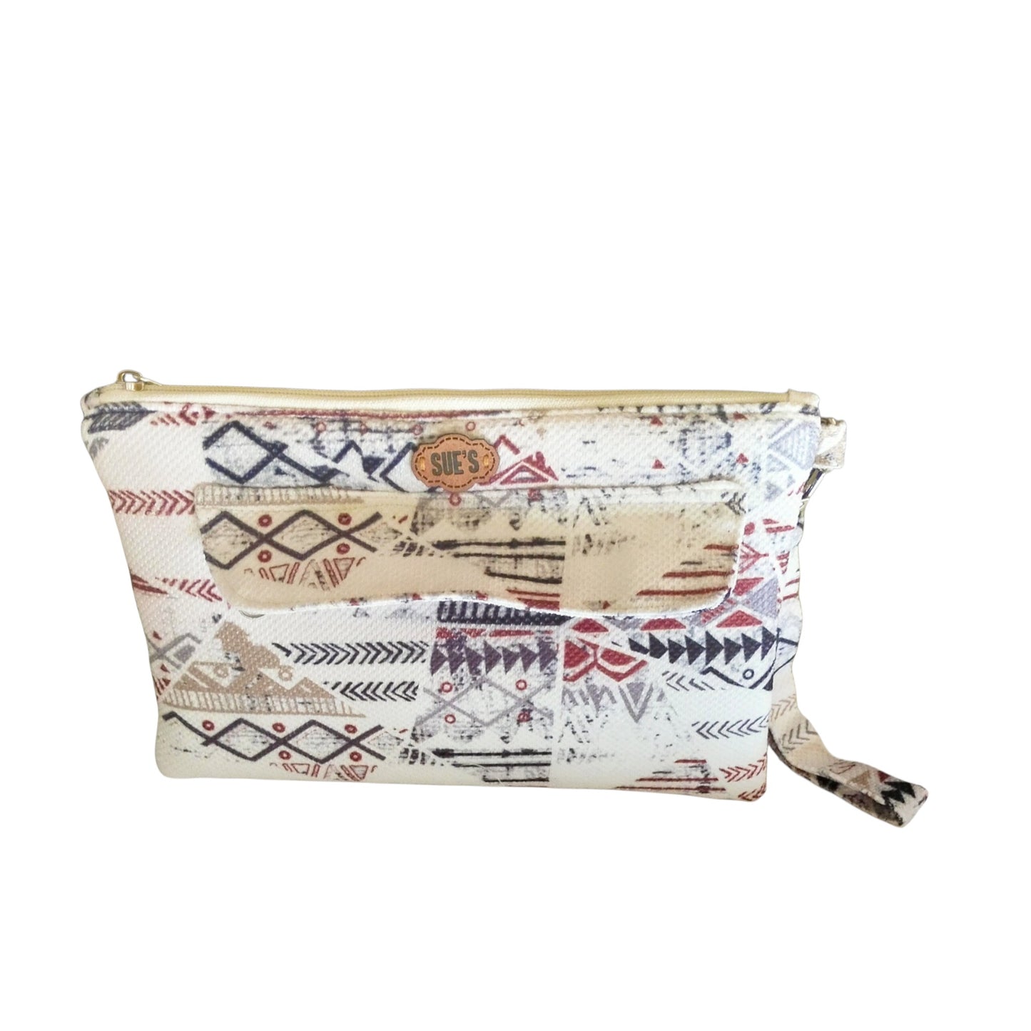 Suepatchwork white handmade fabric clutch with geometric patterns, external zip pocket, and soft cotton lining.