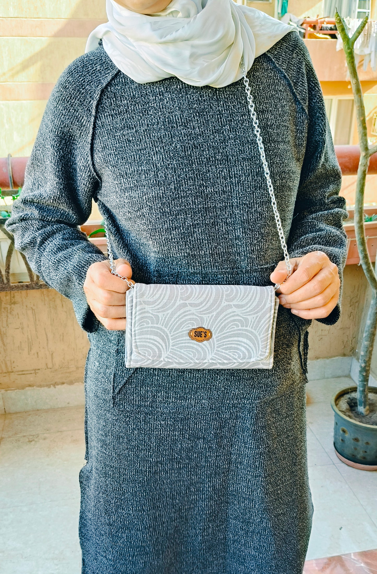 soft beige   big Wallet with  chain Cross hand