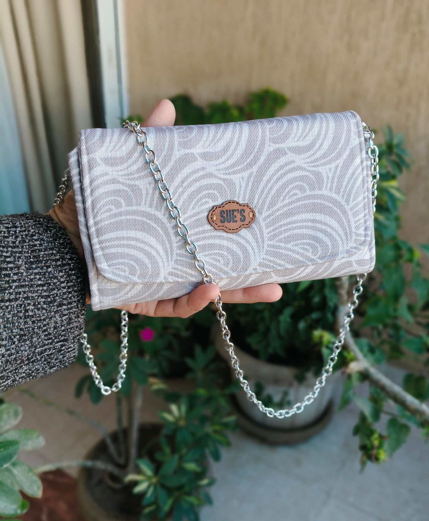 soft beige   big Wallet with  chain Cross hand