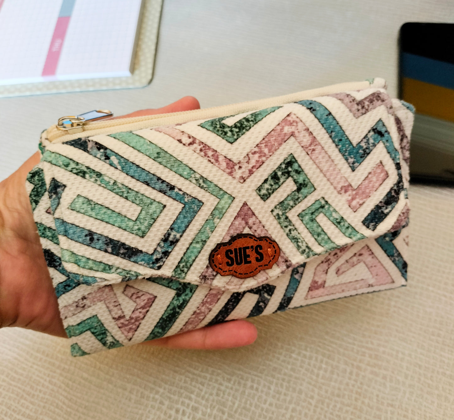 Aqua geometric trifold wallet