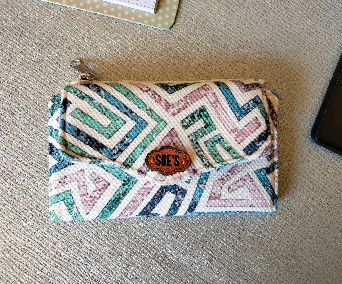 Aqua geometric trifold wallet