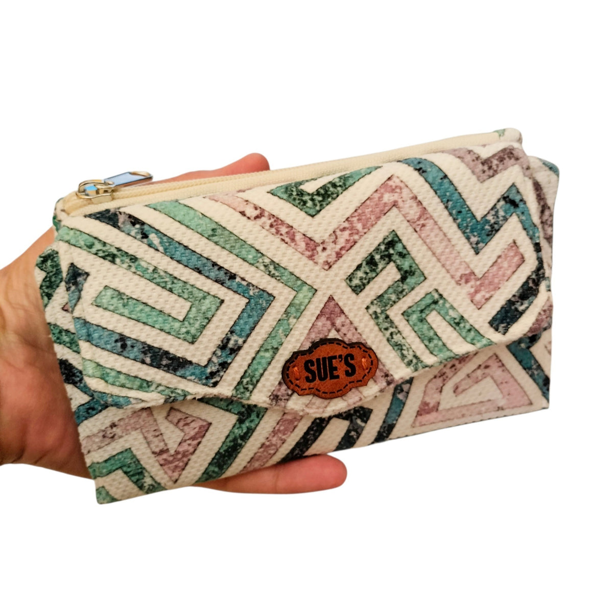 Suepatchwork aqua geometric trifold wallet handmade from fabric with a zipper pocket and branded leather patch