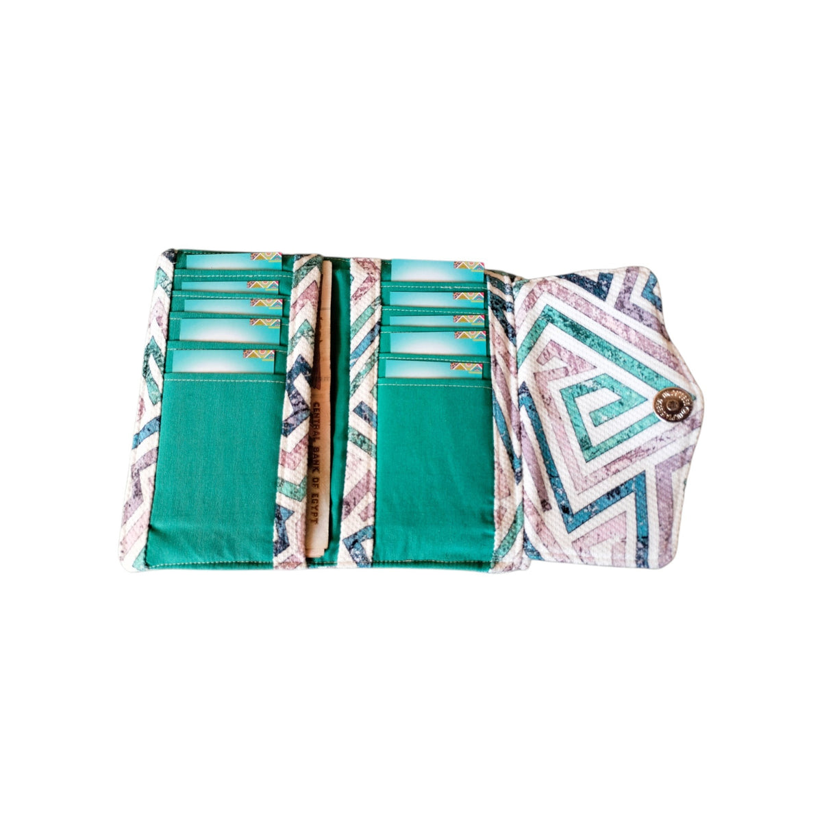 Suepatchwork aqua geometric trifold wallet with ten card slots and soft cotton lining, handmade fabric design.