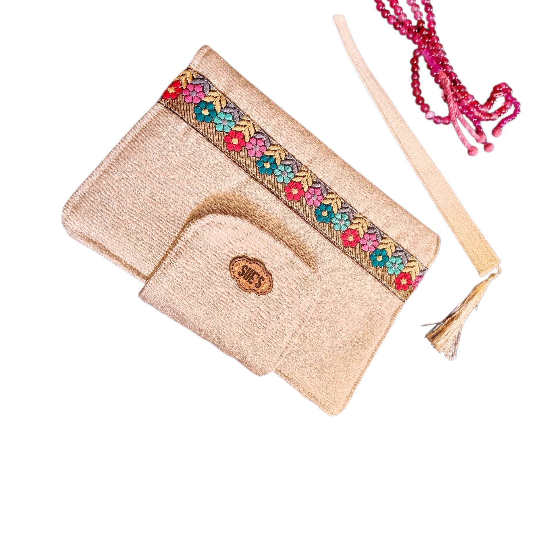 Suepatchwork handmade beige fabric Quran cover 20x14cm with colorful floral embroidery and a matching tassel bookmark.