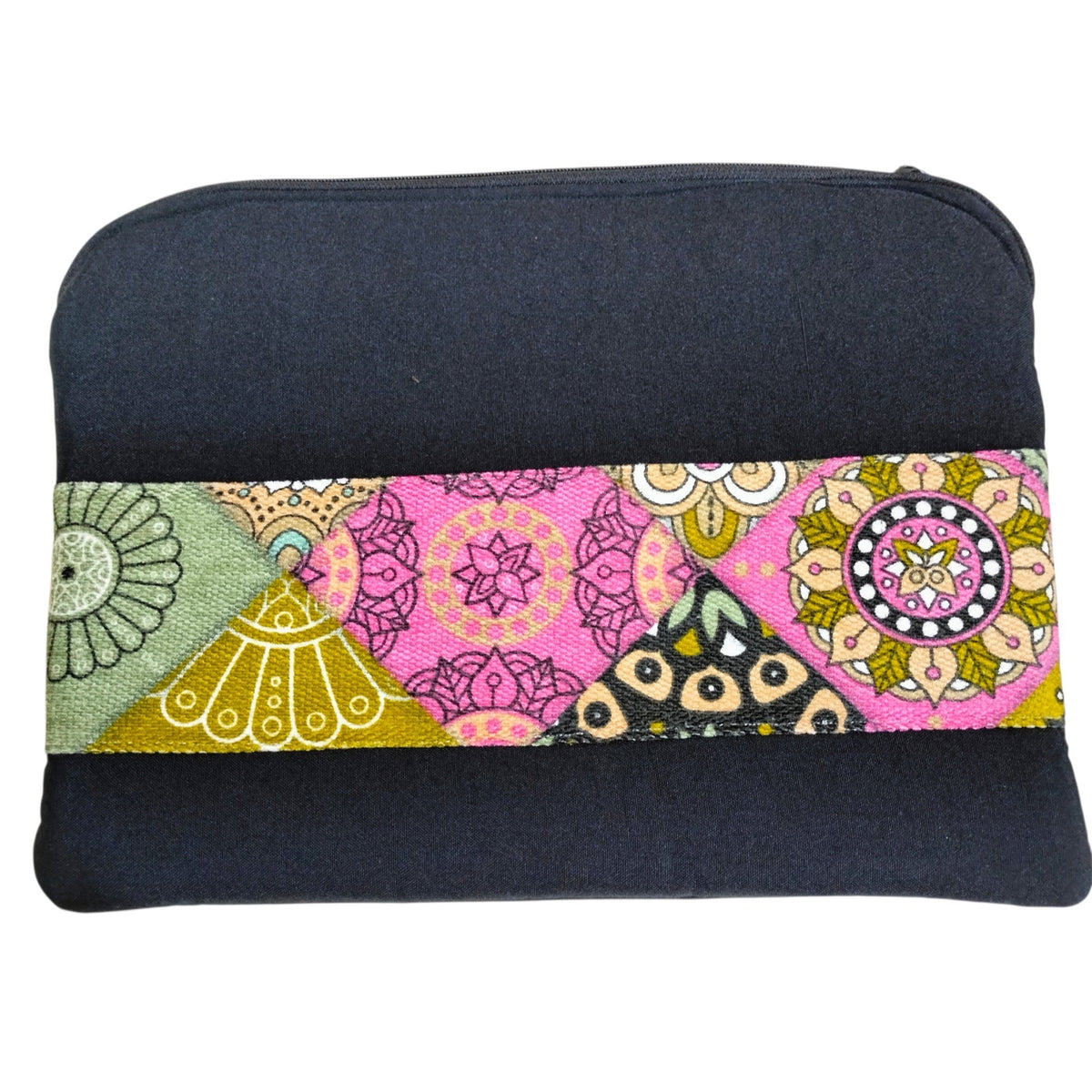 Suepatchwork handmade 13-inch black laptop sleeve with a colorful patterned fabric band featuring mandala designs.