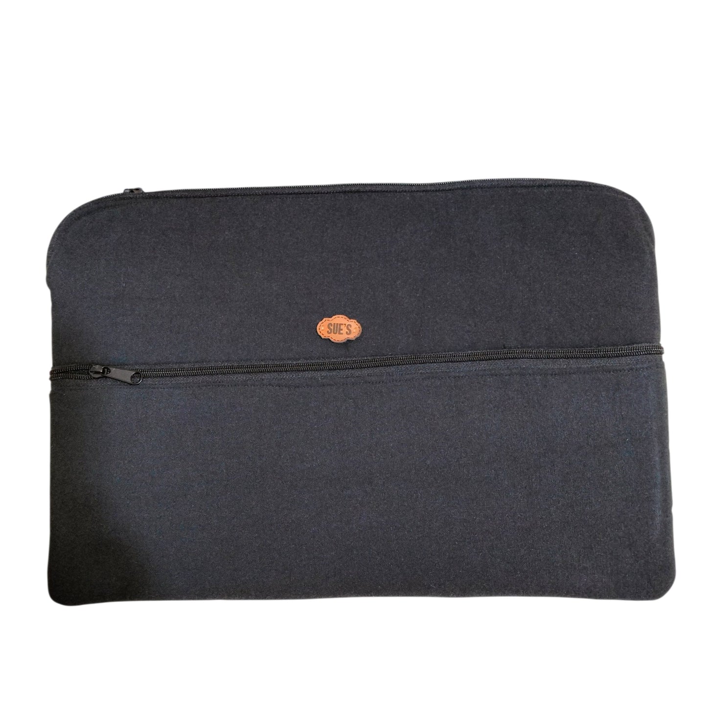 Suepatchwork handmade black 13-inch laptop sleeve with a front zipper pocket and branded leather patch
