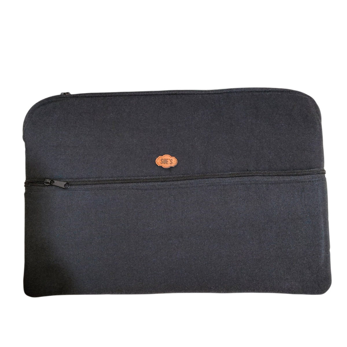 Suepatchwork handmade black 13-inch laptop sleeve with a front zipper pocket and branded leather patch