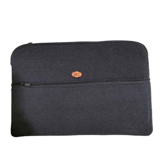 Suepatchwork handmade black 13-inch laptop sleeve with a front zipper pocket and branded leather patch
