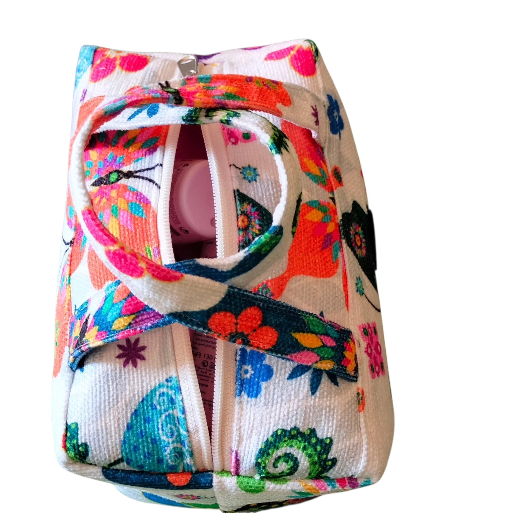 Suepatchwork butterfly print fabric makeup bag with top handle and secure zip closure for beauty essentials