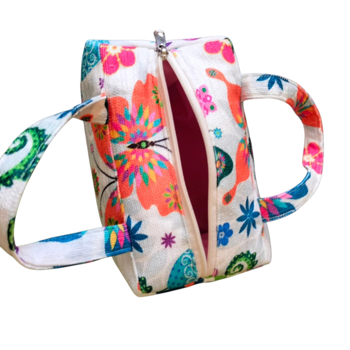 Suepatchwork handmade butterfly print fabric makeup bag with handles and zip closure