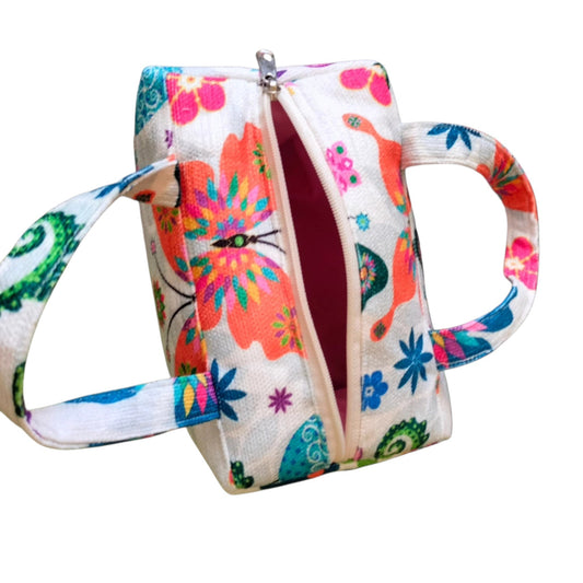 Suepatchwork handmade butterfly print fabric makeup bag with handles and zip closure