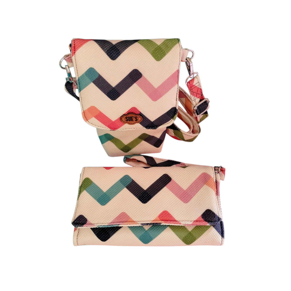 Suepatchwork handmade chevron pattern mobile cross bag and wallet set in cream with multi-coloured zigzag details