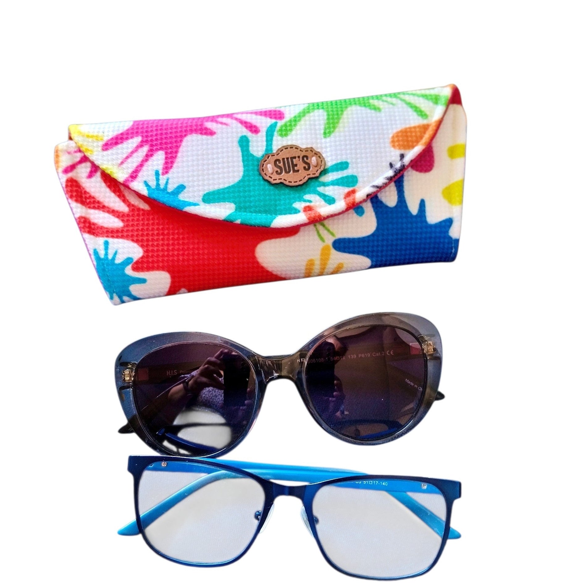 Suepatchwork handmade double glasses case featuring a colorful paint splash pattern with two pairs of glasses