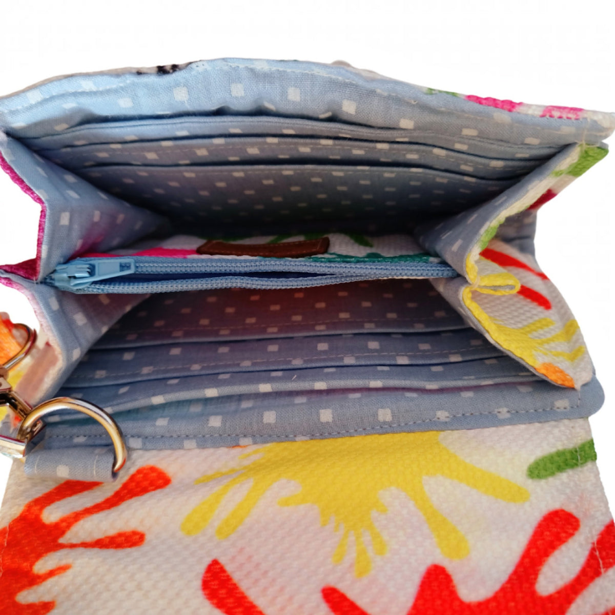 Suepatchwork handmade small wallet with a colorful paint splash print, interior card slots, and a blue zipper pocket.