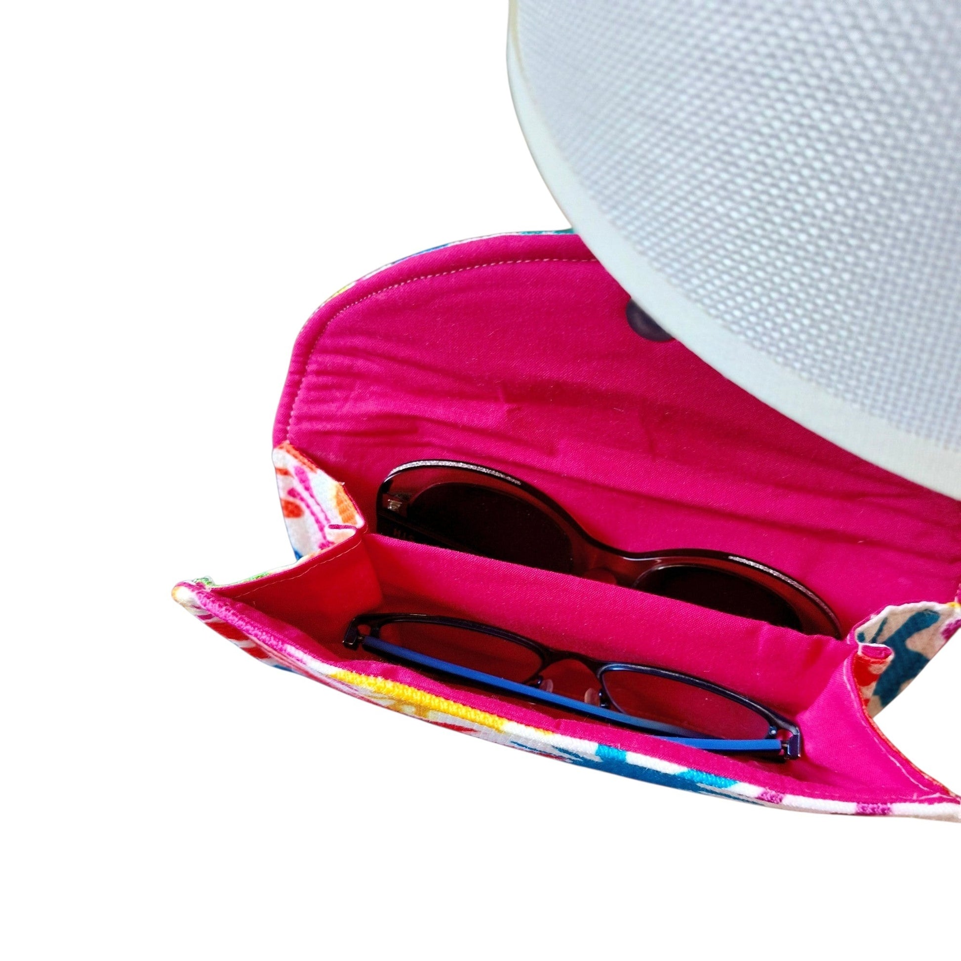 Suepatchwork handmade fabric double glasses case with vibrant colorful pattern and bright pink interior lining
