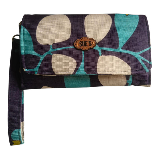 Suepatchwork Fayrous large wallet in navy blue and teal with a floral pattern, featuring a wrist strap and logo tag.