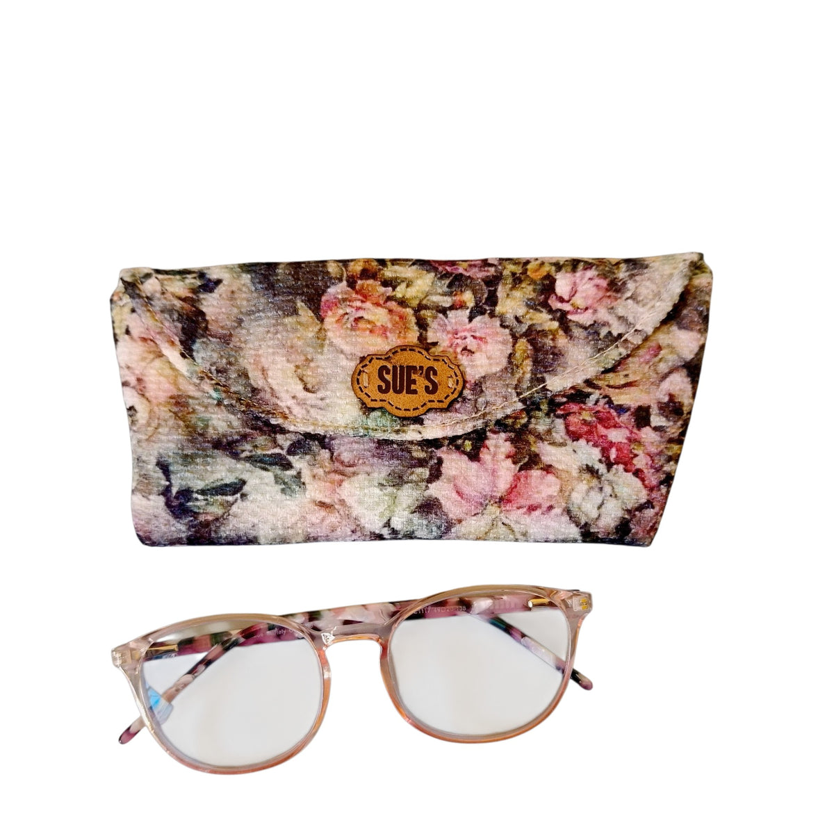 Suepatchwork handmade fabric glasses case featuring a vintage floral night rose pattern with a branded leather tag