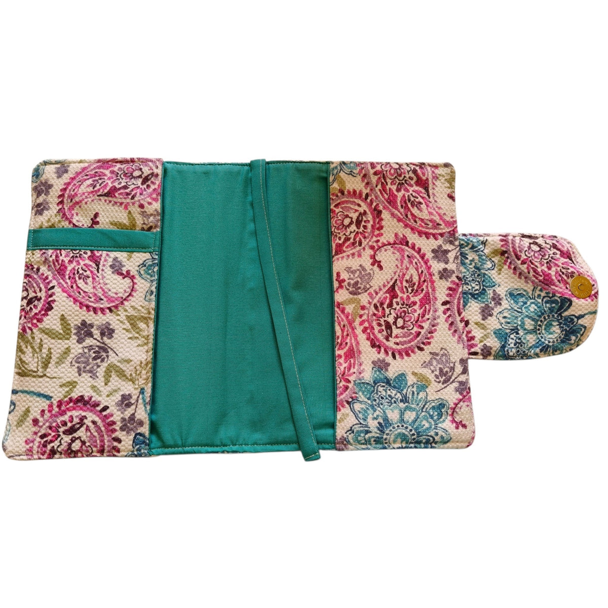 Suepatchwork handmade fabric Mushaf cover in a floral paisley print with teal interior lining, size 20x14cm.