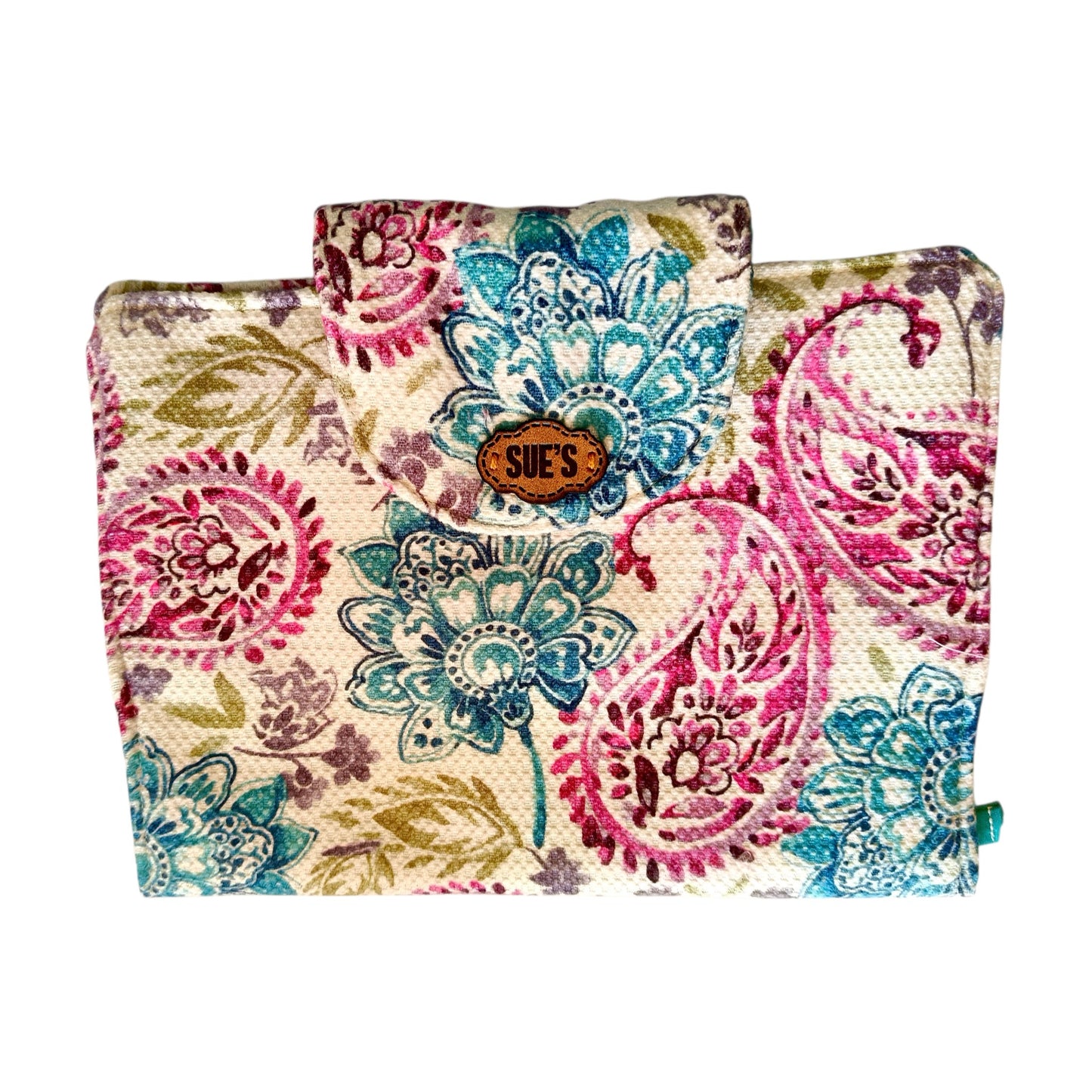 Suepatchwork handmade fabric Quran cover in 20x14cm with a colourful floral paisley pattern and wooden brand tag