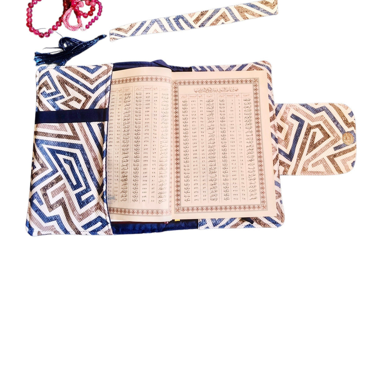 Suepatchwork handmade fabric Quran cover with geometric blue and beige patterns, size 20x14cm for daily protection.