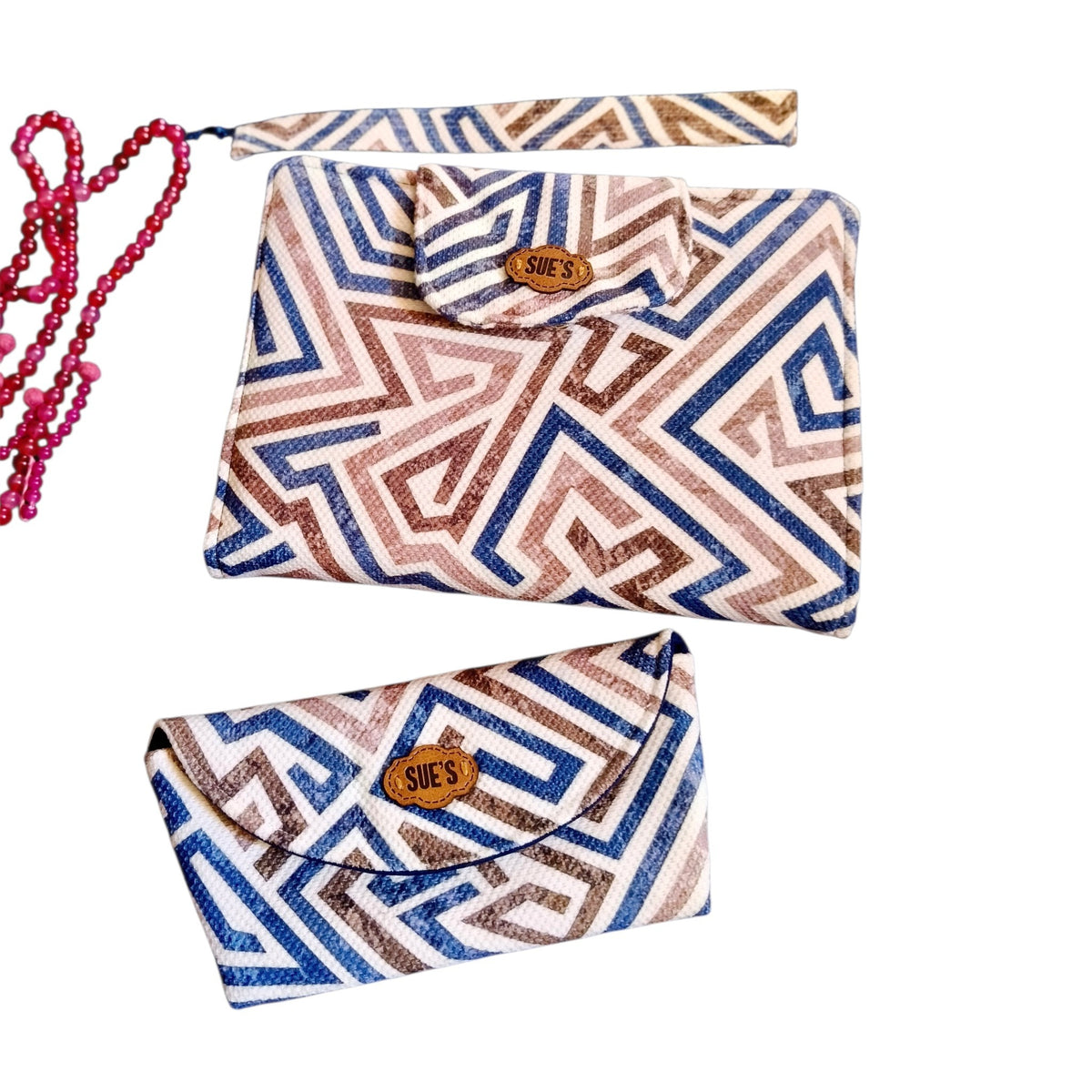 Suepatchwork handmade fabric Quran cover and matching pouch in blue and beige geometric pattern with leather logo tag