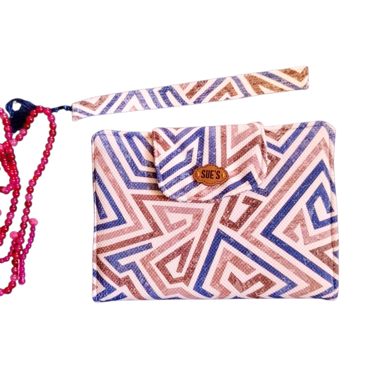 Suepatchwork handmade fabric Quran cover with geometric blue and brown patterns and a matching beaded tasbih