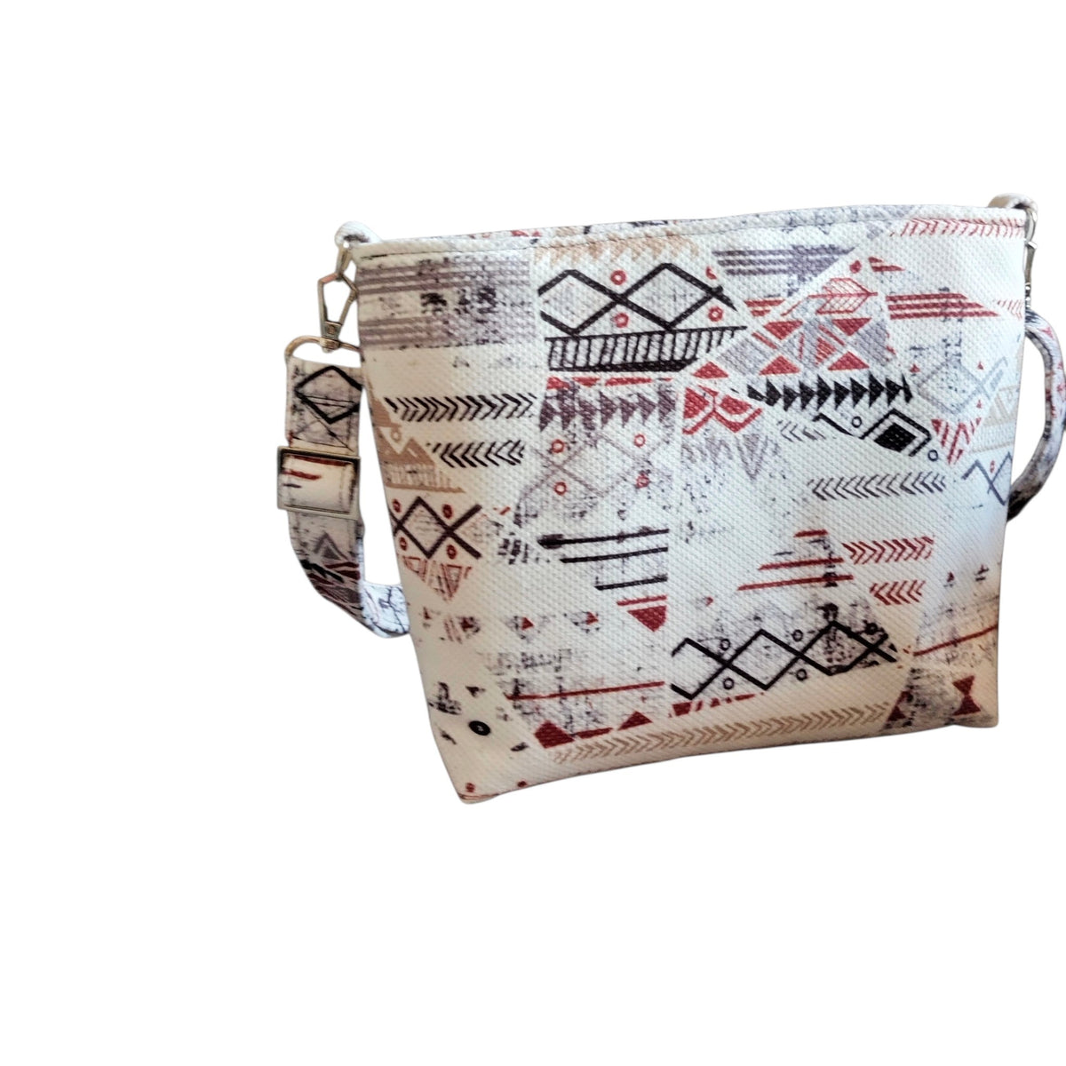Suepatchwork white geometric patchwork crossbody bag with adjustable strap and durable fabric construction