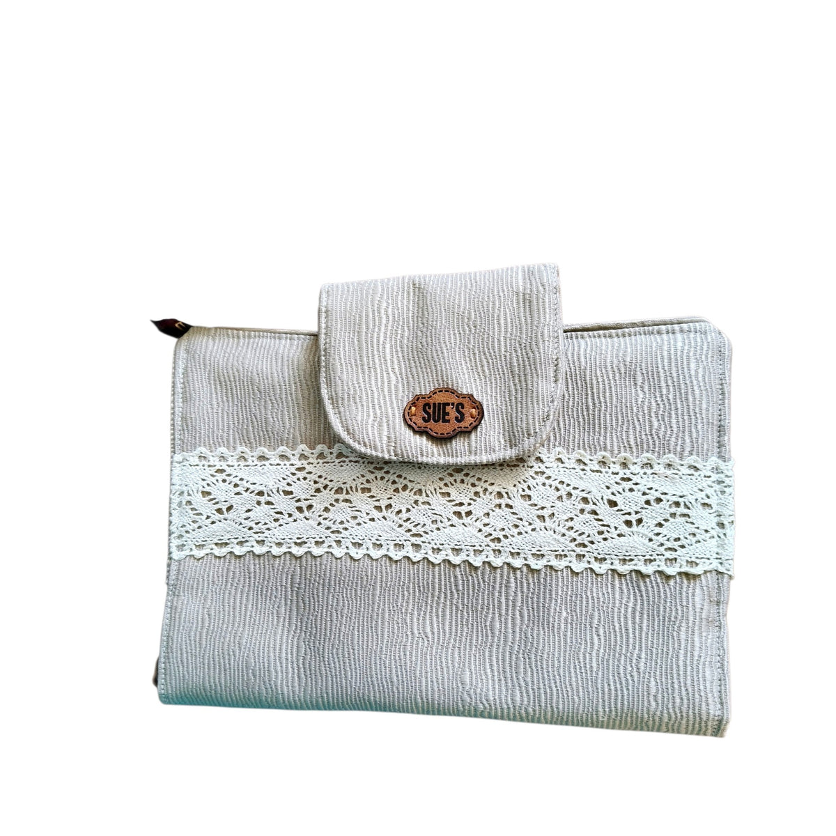 Suepatchwork handmade gold fabric Quran cover with elegant lace trim and a branded wooden tag for 20x14cm books