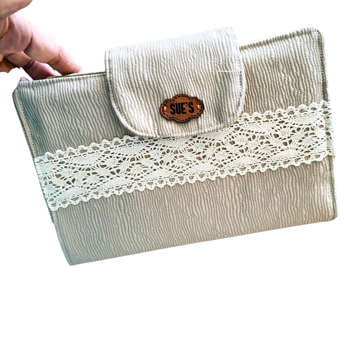 Suepatchwork gold fabric Quran cover with lace trim and Sue's leather label, 20x14cm handmade protective case.