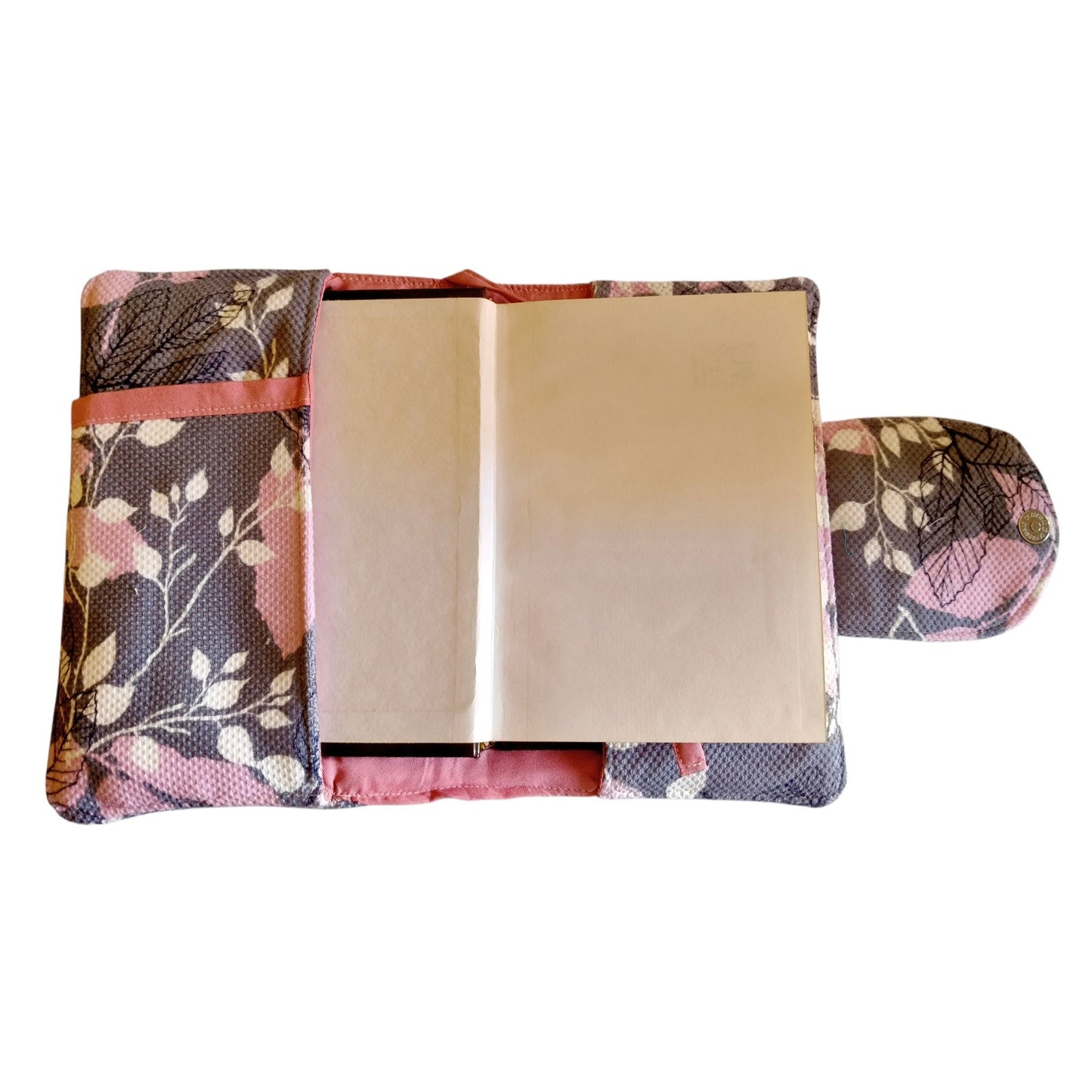 Suepatchwork handmade gray floral fabric Quran cover with pink lining, size 20x14cm, featuring a secure snap closure.
