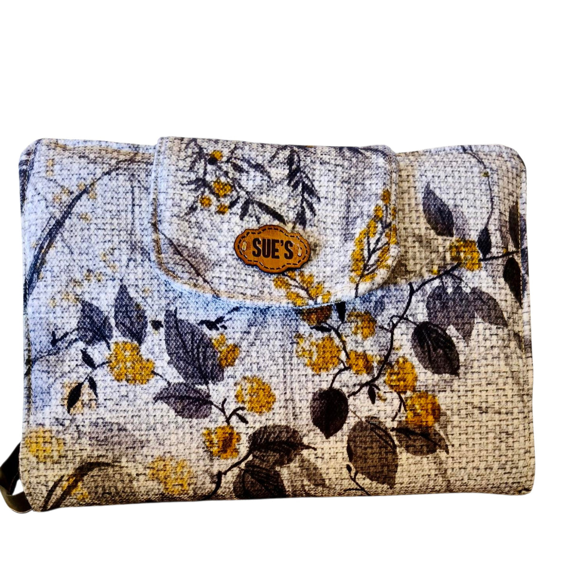 Suepatchwork gray fabric Quran cover featuring a floral pattern with yellow and dark leaves, size 25x18cm.