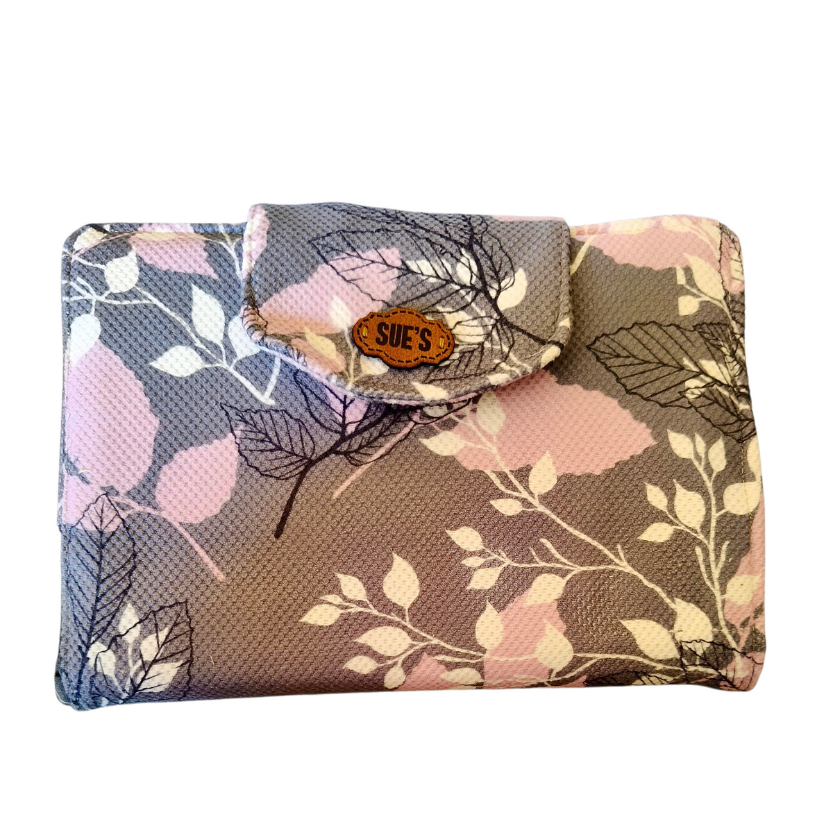 Suepatchwork gray fabric Quran cover with pink and white leaf pattern and a branded leather tab closure