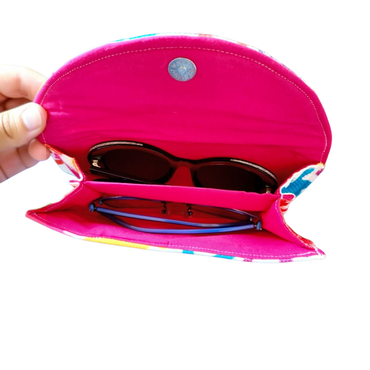 Suepatchwork handmade fabric double glasses case in vibrant colors with a bright pink interior lining