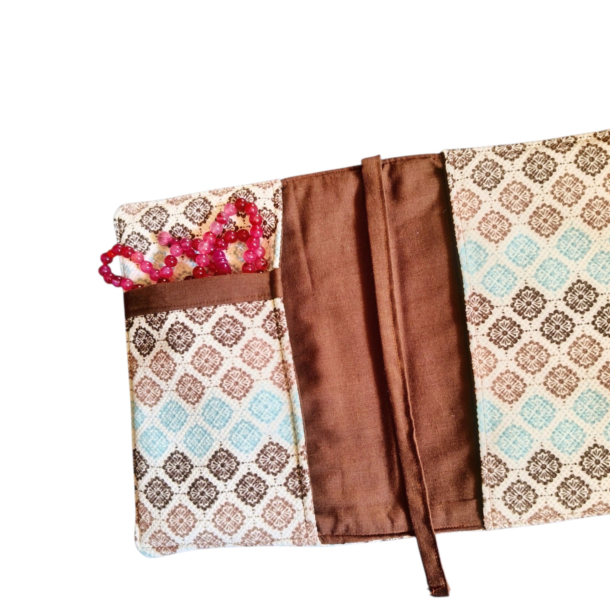 Suepatchwork handmade fabric Quran cover in brown and blue geometric pattern with a pocket for prayer beads