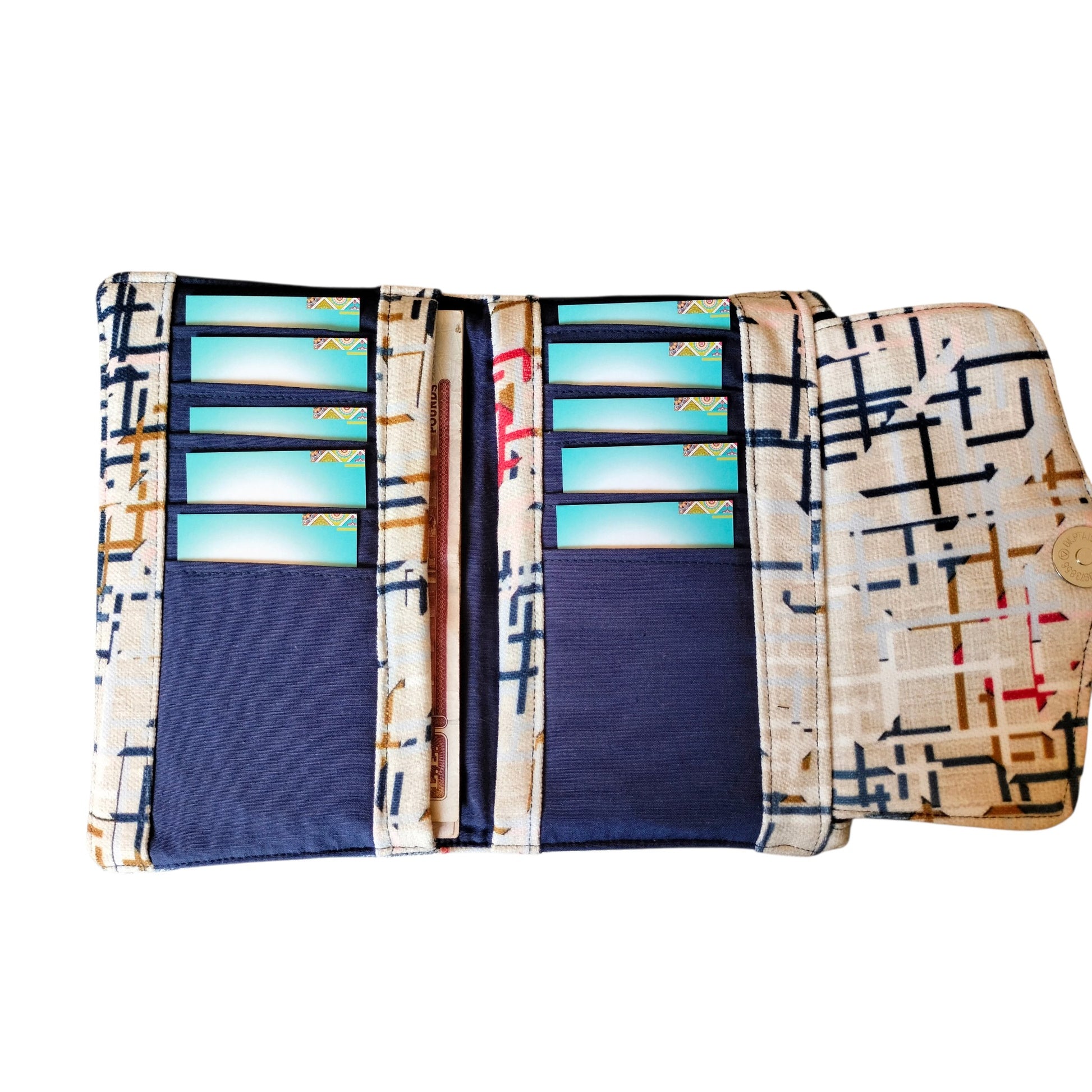 Suepatchwork handmade trifold wallet in patterned fabric with 10 card slots and a convenient zipper pocket