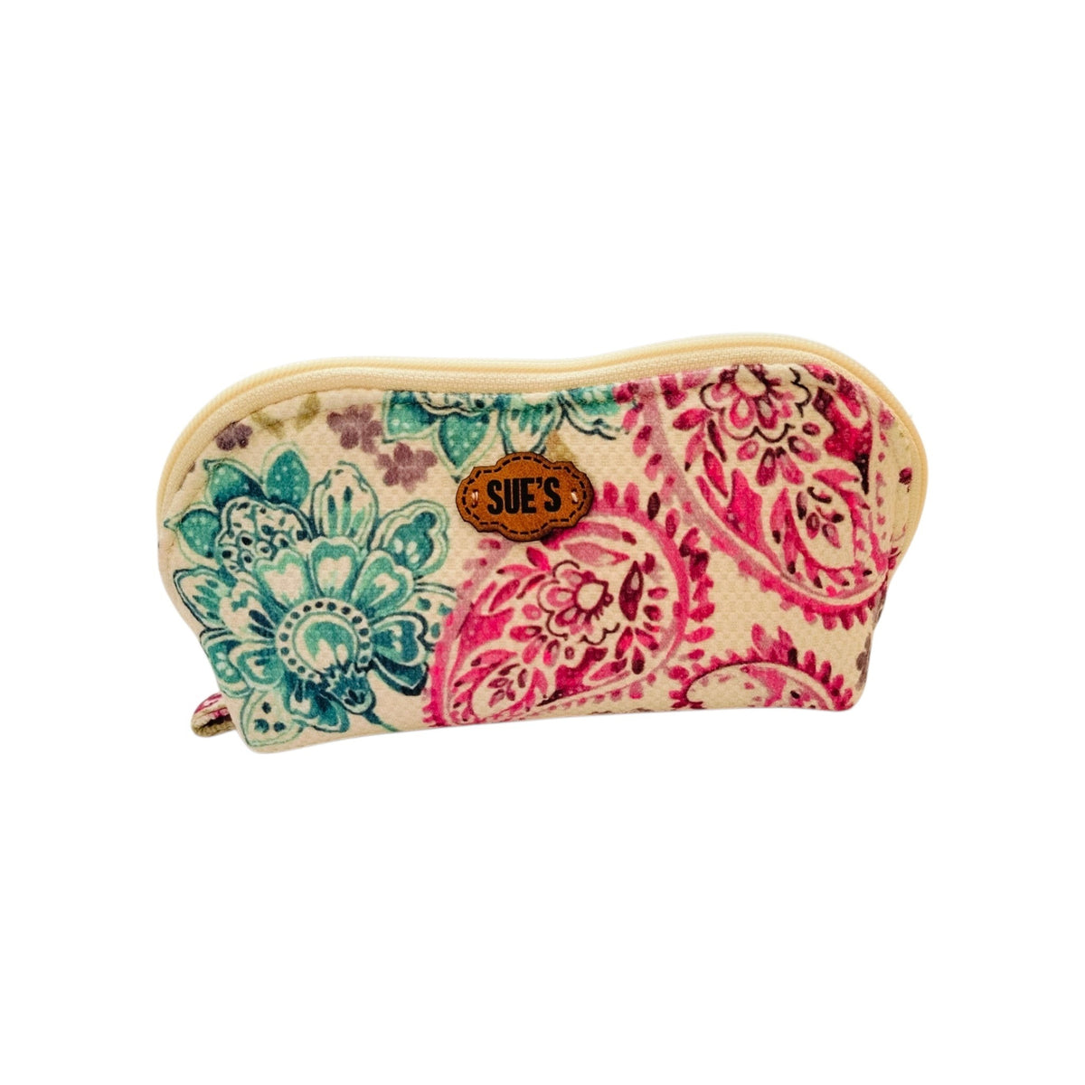Suepatchwork handcrafted makeup bag with a curved shape, featuring a colourful floral Kashmir paisley print.