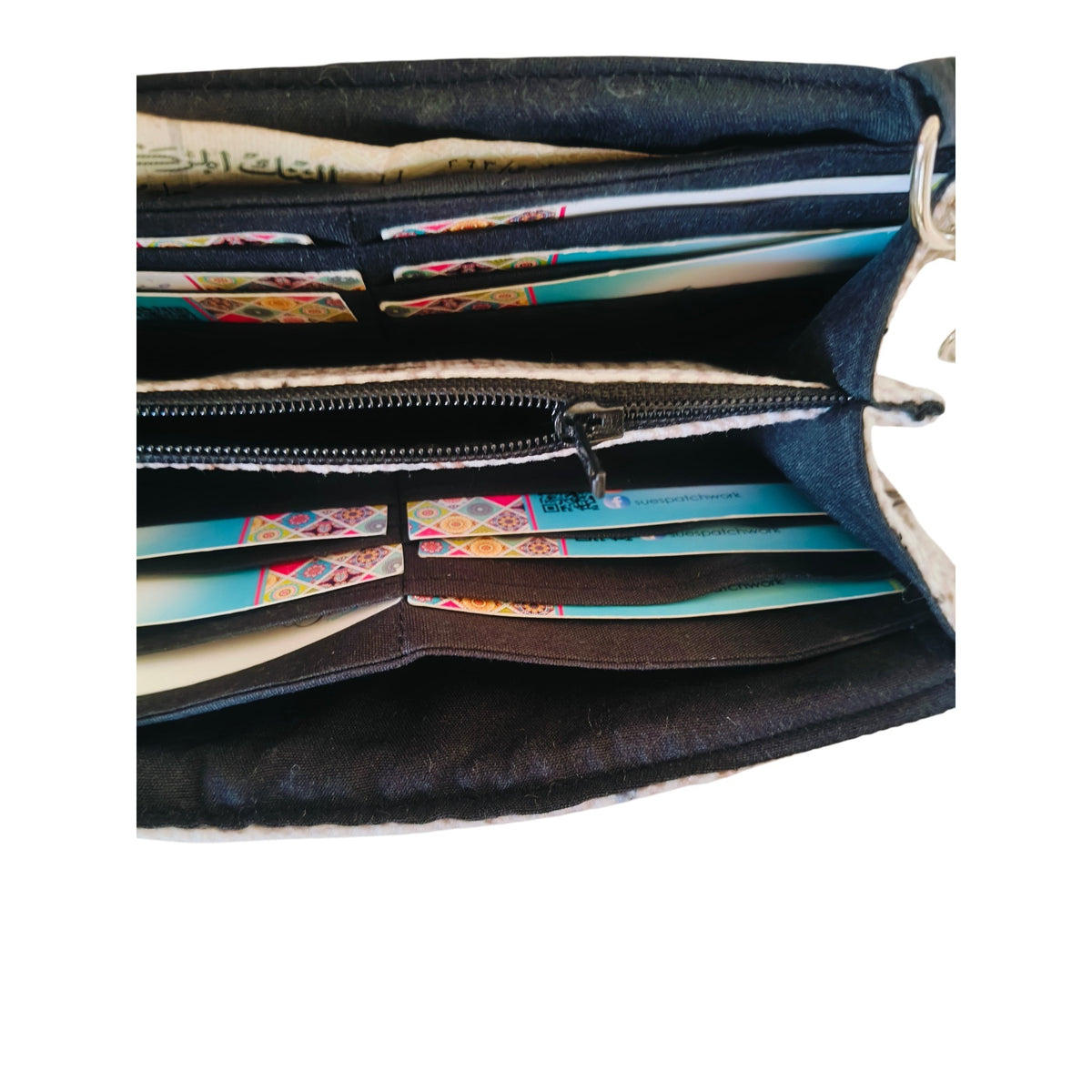 Suepatchwork large wallet with multiple card slots and a central zippered compartment for organized daily use