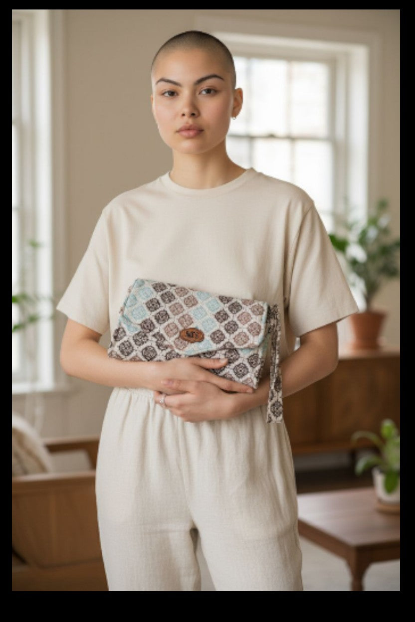 Suepatchwork large patterned wallet with a wrist strap held by a woman in a beige outfit in a bright room.