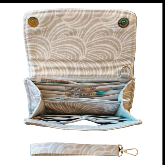 Suepatchwork off-white patterned fabric wallet with multiple card slots, zip pocket, and detachable wrist strap.