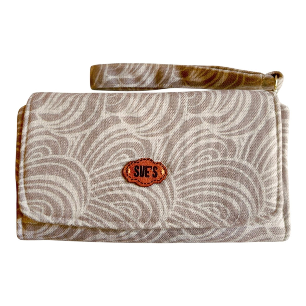 Suepatchwork off-white fabric wallet with a wavy pattern, detachable wrist strap, and branded leather logo patch.