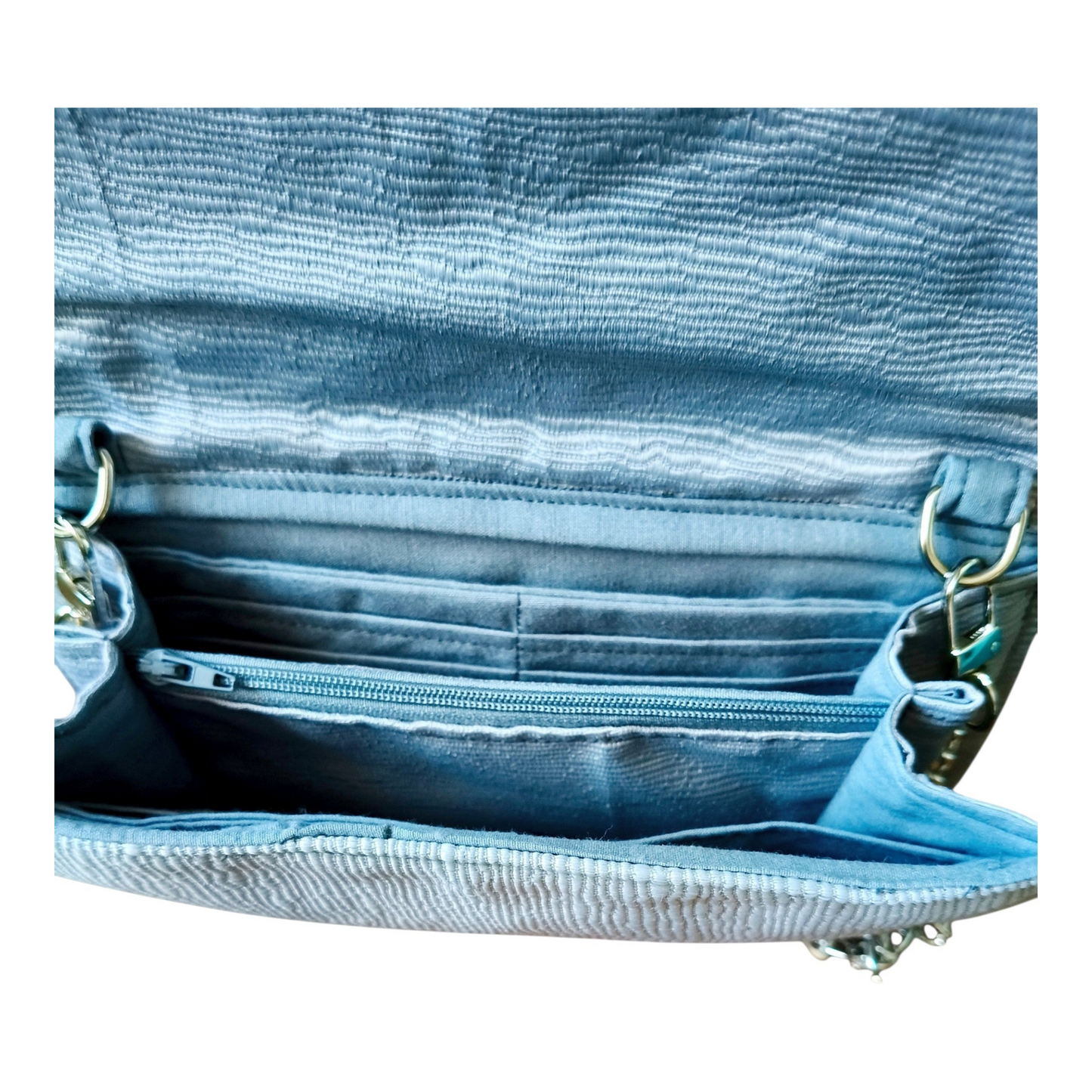 Suepatchwork silver evening wallet with chain strap featuring multiple card slots and a secure zippered compartment