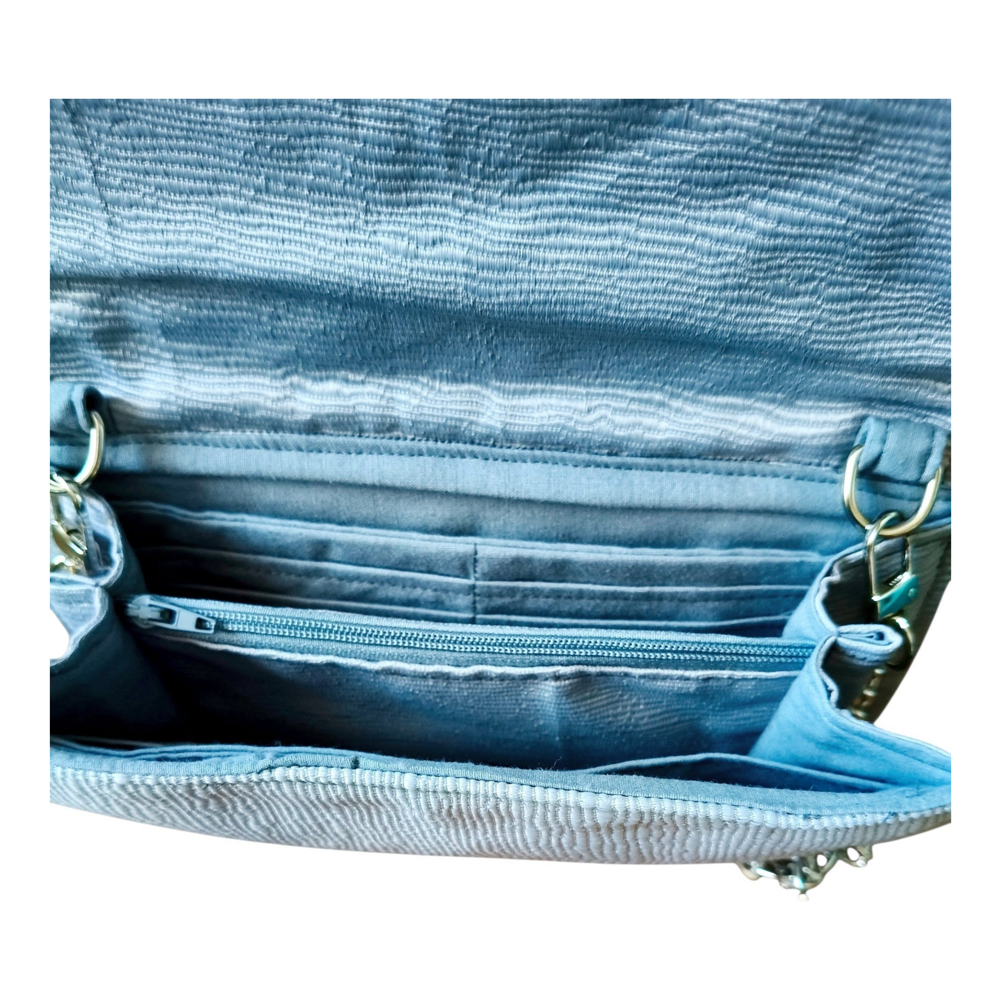 Suepatchwork silver evening wallet with chain strap featuring multiple card slots and a secure zippered compartment