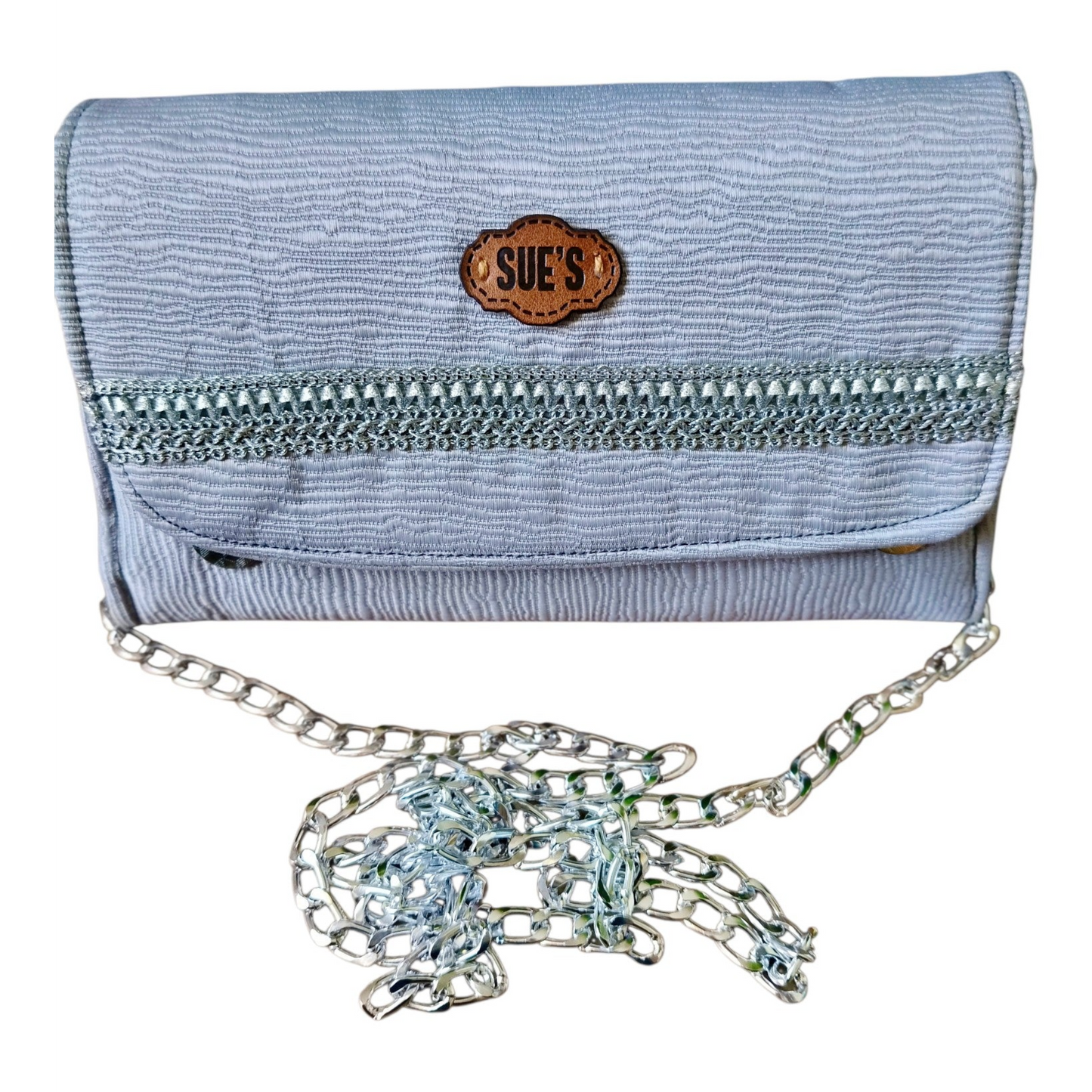 Suepatchwork silver evening wallet with a detachable chain strap and a branded leather logo patch