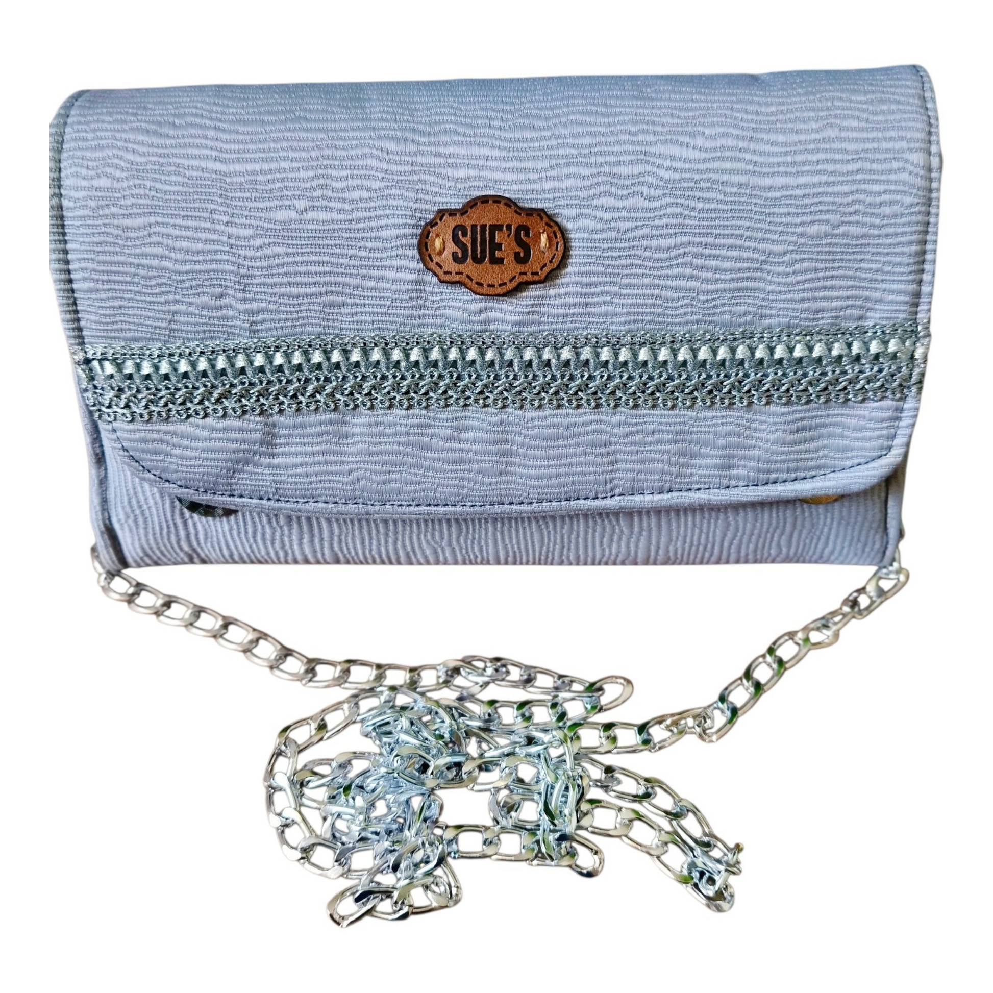 Suepatchwork silver evening wallet with a detachable chain strap and a branded leather logo patch