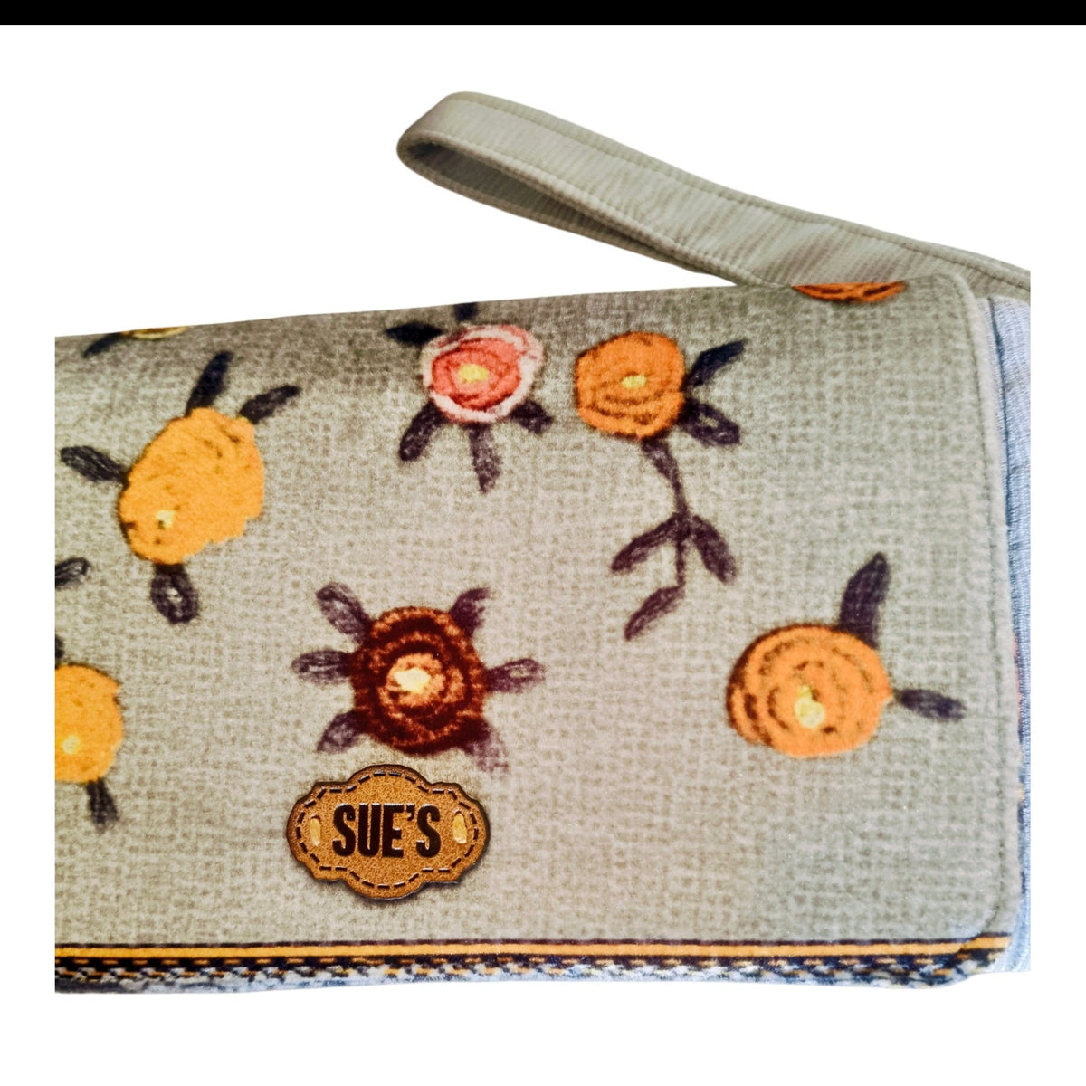 Suepatchwork silver gray floral fabric big wallet with a wrist strap and leather logo tag