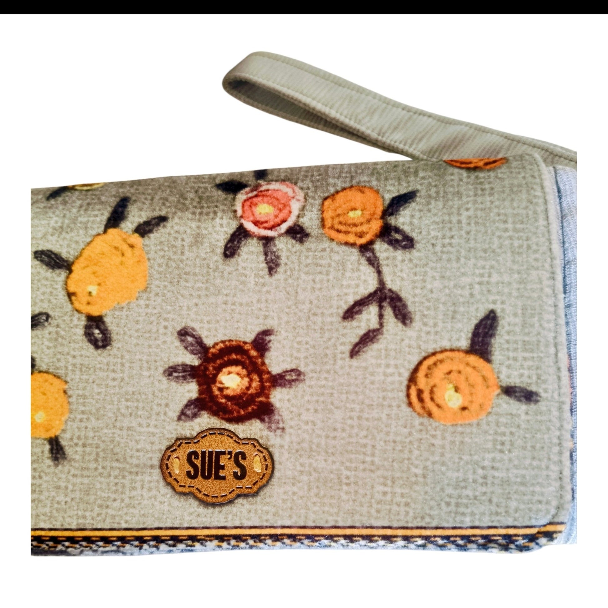 Suepatchwork silver gray floral fabric big wallet with a wrist strap and leather logo tag