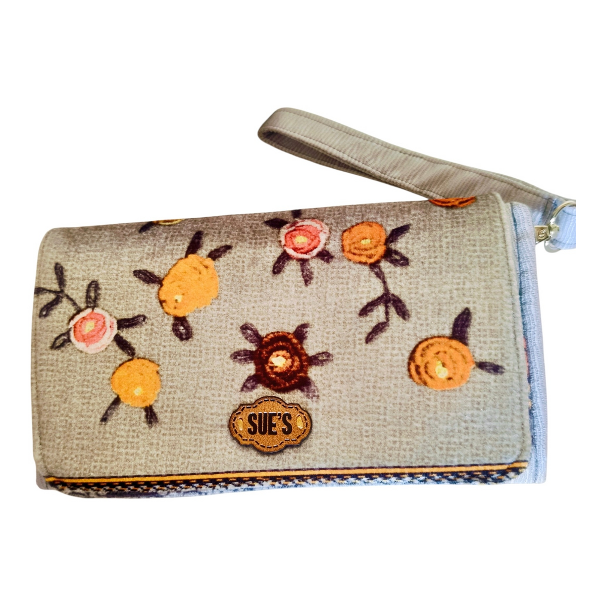 Suepatchwork silver gray large wallet with floral embroidery, wrist strap, and branded leather patch.